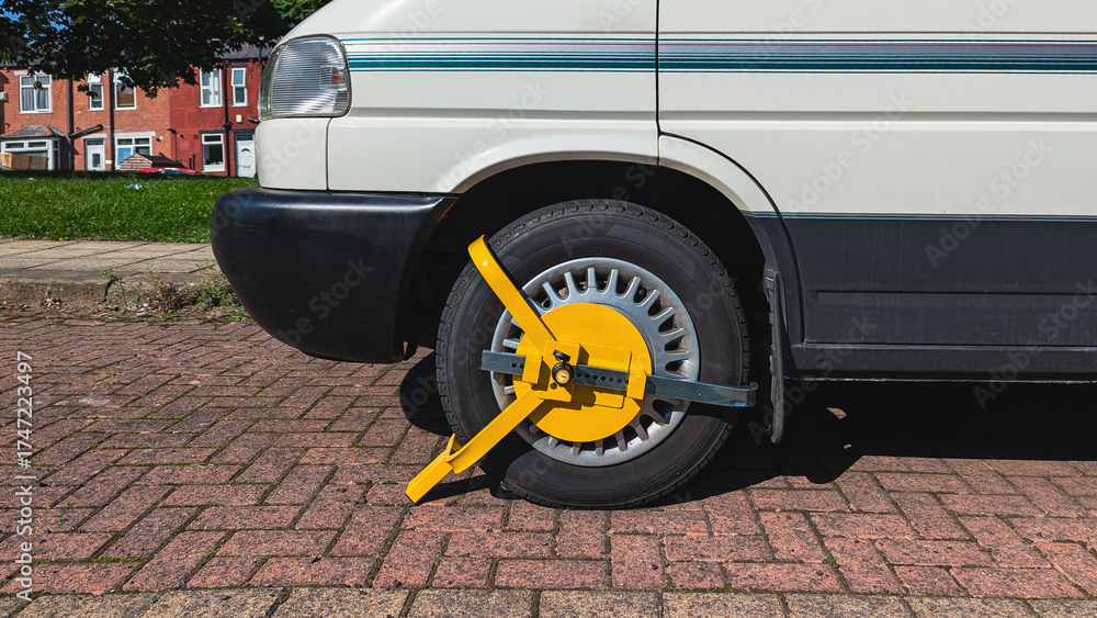 custom made wallpaper toronto digitalClose view of yellow immobilizer locked to front wheel of parked campervan on brick pavement in urban neighborhood