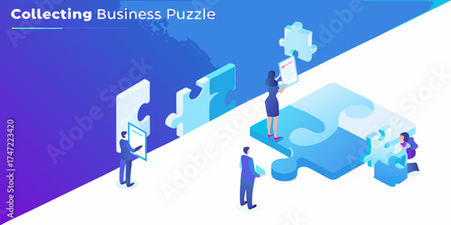 Diverse business people collaborating to assemble a large jigsaw puzzle representing company strategy and success