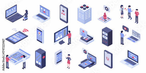 Isometric illustration of technology devices and people interacting with digital interfaces and data