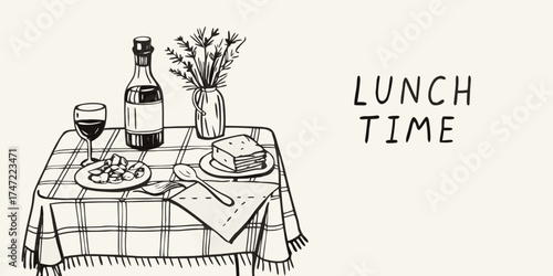 Hand drawn illustration of a table set for lunch with wine food and flowers with the words lunch time