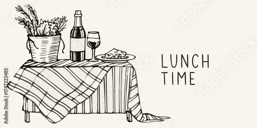 Simple hand drawn illustration of a table set for lunch with wine cheese and flowers