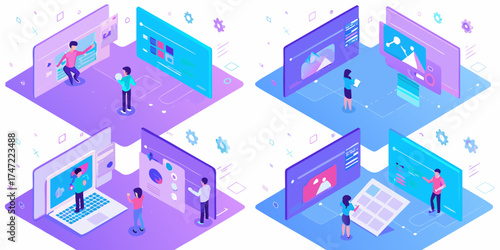 Isometric illustration of people interacting with digital interfaces and data visualization on screens