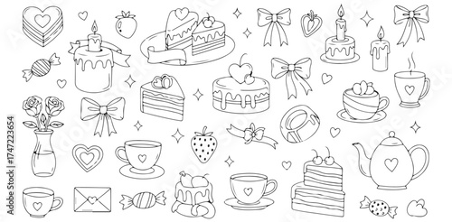 Black and White Valentine s Day Seamless Pattern of Cakes Hearts and Treats Romantic Sketch Wedding Love Tea Party Candy