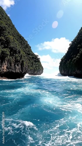 Tidal surges rushing through narrow channels between islands during high tide.