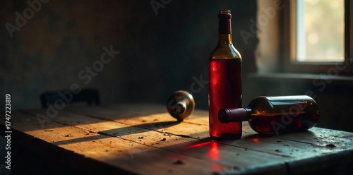 Empty Wine Bottles on Wooden Table A Dimly Lit Scene of Loneliness and Despair