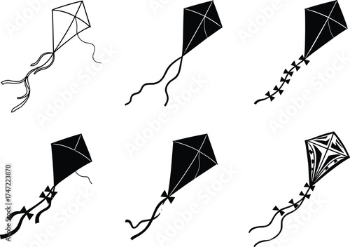 Black silhouette kite icons, traditional diamond shapes, decorative tails, flying toy vector set, isolated kite graphics, children activity, festival design elements