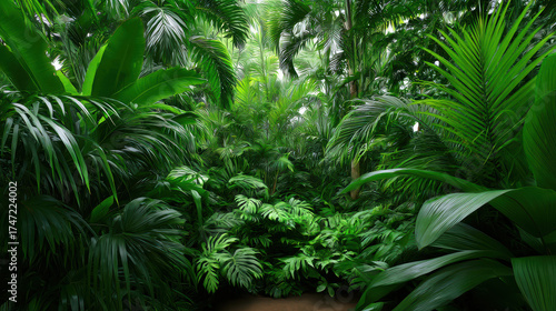 Fototapeta Naklejka Na Ścianę i Meble -  Lush tropical foliage creates a vibrant green canopy in the humid rainforest, showcasing the beauty and density of nature's jungle environment so verdant.