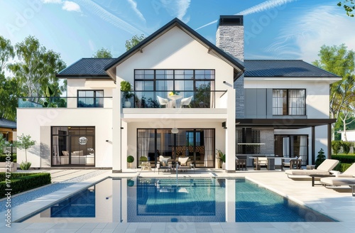 A stylish modern villa featuring a large swimming pool, sun loungers, and lush green landscaping under a clear blue sky, creating a serene atmosphere