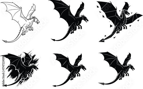 Flying dragon silhouettes, geometric dragon shapes, brushstroke dragon art, fantasy creature illustration, mythical beast vector, stylized dragon design, black dragon icons