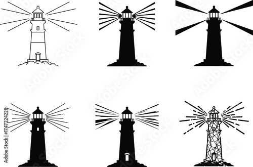 Lighthouse vector set, black and white illustration, coastal beacon design, maritime signal tower, vintage nautical art, ocean navigation, graphic silhouette