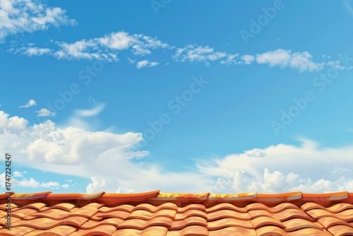 A terracotta roof is visible beneath a vast blue sky filled with soft, fluffy clouds during a bright afternoon. The scene evokes a calm and sunny day