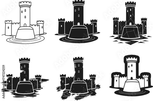 Medieval castle silhouette vector, fantasy fortress illustration, black and white castle design, stylized architecture, historic tower art, stock graphic