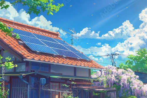 A traditional house with a red-tiled roof showcases solar panels, surrounded by vibrant flowers and lush greenery under a clear blue sky on a sunny day