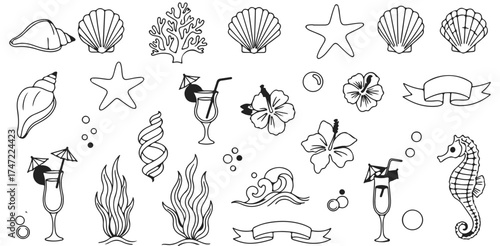 Seashells Starfish Seaweed Coral Sea Inspired Seamless Pattern Summer Beach Ocean Elements Tropical Flowers Seahorse