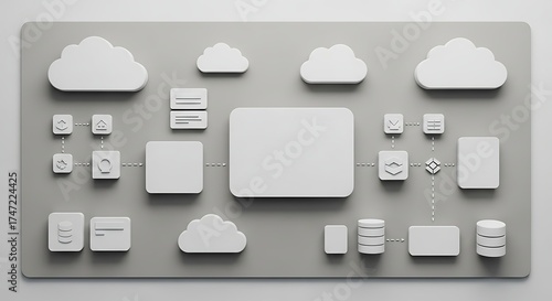 Cloud computing architecture diagram with network components and data storage.