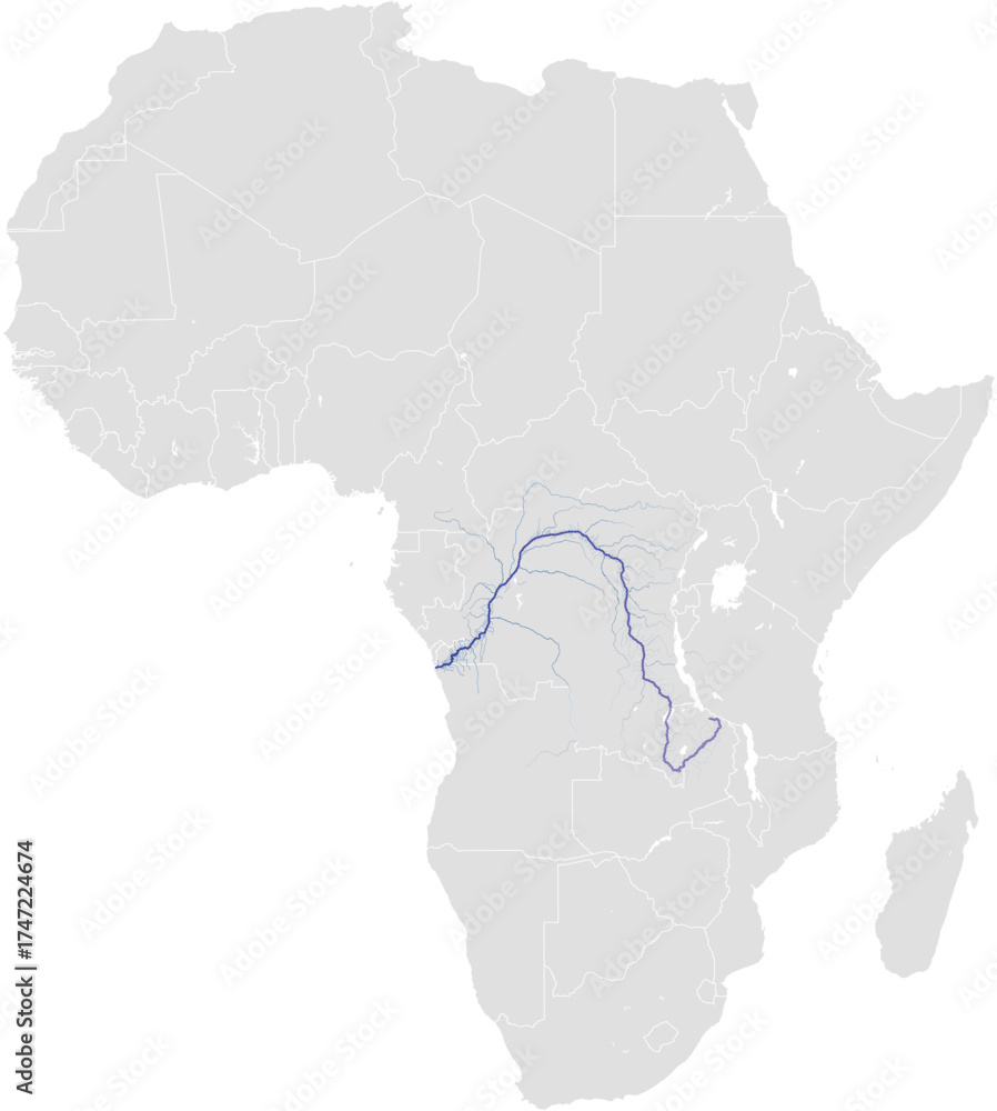 Fototapeta premium Congo river system – rivers vector map of Africa highlighting main stem and primary tributaries (AEA, scaled by river size, PPT-compatible, multi-layered & fully editable)