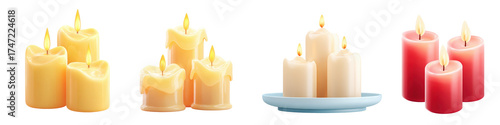 Happy halloween, 3D render A collection of colorful lit candles isolated on transparency PNG background, including yellow, white, and red
