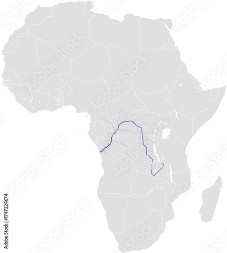 Congo river system – rivers vector map of Africa highlighting main stem and primary tributaries (AEA, scaled by river size, PPT-compatible, multi-layered & fully editable)