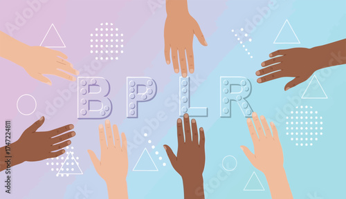 Diverse hands reaching towards braille letters BPLR