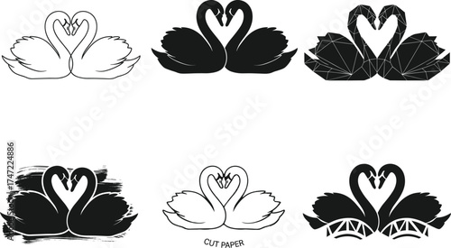 Swans love heart vector, romantic bird silhouette, geometric animal design, cut paper style, decorative wildlife illustration, black swan couple, nature art