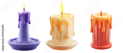 Happy halloween, 3D render Candles of different colors and designs with dripping wax create a warm and cozy atmosphere isolated on transparency PNG background