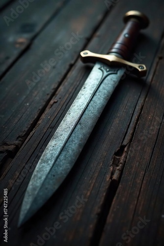 Meticulously Crafted Stage Combat Dagger Prop Close-Up  A Realistic-Looking Weapon Resting on Dark Wood, Ideal for Theatrical Productions, Historical Reenactments, or Film Sets.