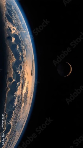 Majestic cosmic view: Earth and Moon in perfect alignment, floating in starry abyss, creating awe-inspiring atmosphere of infinite space mystery.