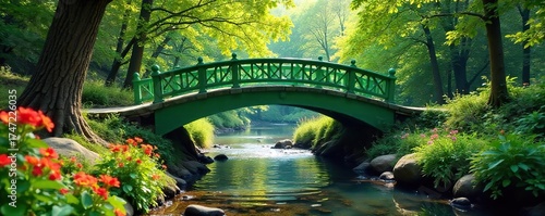 Serene Green Bridge Arching Over Tranquil Stream, Sunlight Dapples Water, Lush Foliage and Wildflowers, Peaceful Nature Scene
