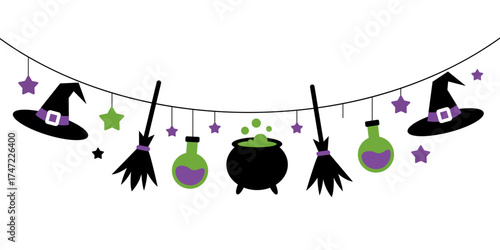 Halloween garland with witch icons. Witch hats, bubbling cauldron, broomsticks, potion bottles, stars, hanging on string, flat minimalist design. Halloween spooky elements. Halloween cartoon character