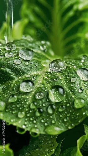 Water droplets on fresh lettuce leaves glistening under studio lights.
