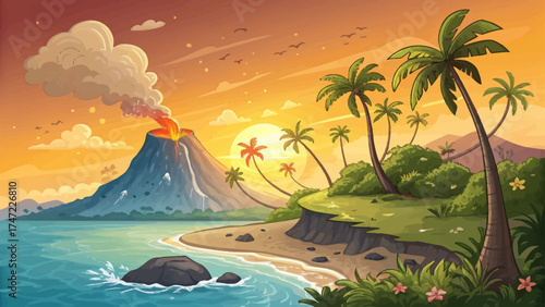 Colorful cartoon volcanic island beside calm sea, glowing crater and palm trees under golden sunset, vector illustration style