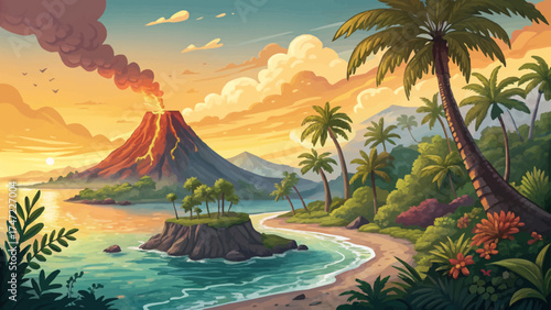 Colorful cartoon volcanic island beside calm sea, glowing crater and palm trees under golden sunset, vector illustration style
