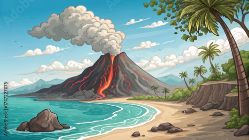 Vector cartoon volcano by seaside, red lava streams flowing into turquoise water, smoke clouds rising into clear blue sky