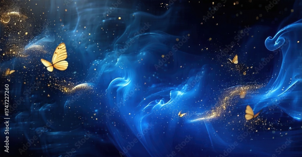 Naklejka premium Abstract blue swirls, golden butterflies, sparkling dust create dreamy celestial scene. Vivid colors, flowing shapes suggest magic.