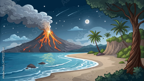 Volcano erupting beside ocean shore, bright lava meeting cool blue water, smoke drifting into starry night sky, cartoon vector style