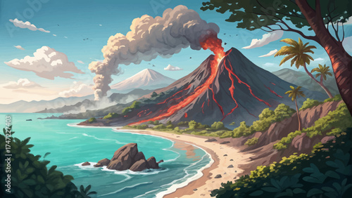 Vector cartoon volcano by seaside, red lava streams flowing into turquoise water, smoke clouds rising into clear blue sky