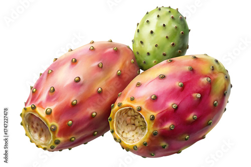 Two vibrant pink prickly pear fruits and one green cactus fruit arranged together, highlighting their distinct shapes and thorny exteriors, isolated on a transparent background