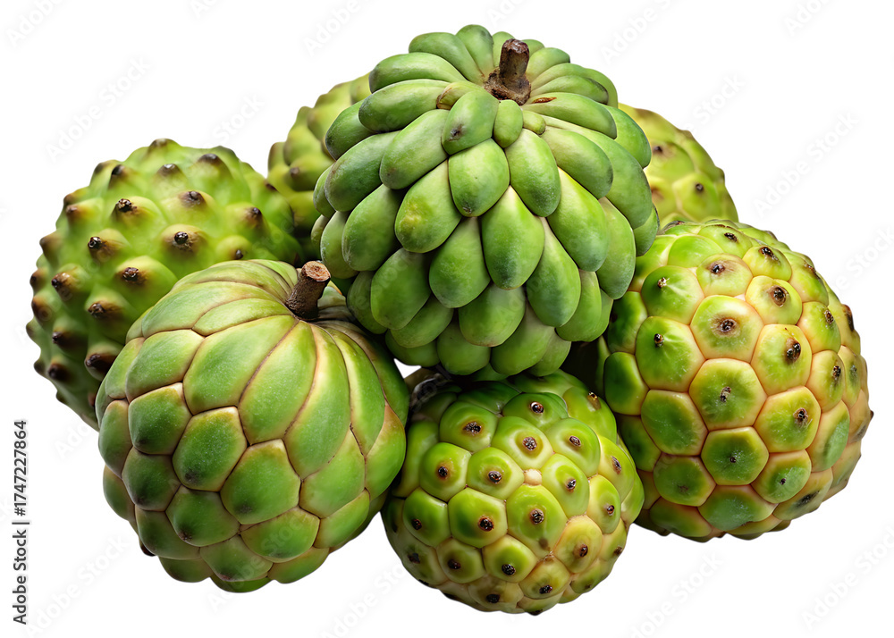 Fototapeta premium A pile of fresh green custard apples, also known as cherimoya, isolated on transparent background