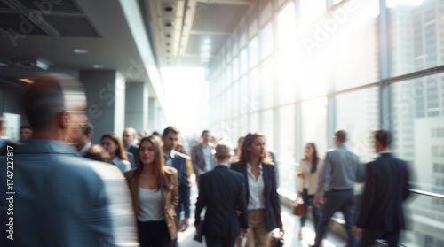 motion blur image of business people crowd walking at corporate office in city downtown