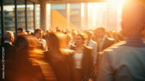 motion blur image of business people crowd walking at corporate office in city downtown