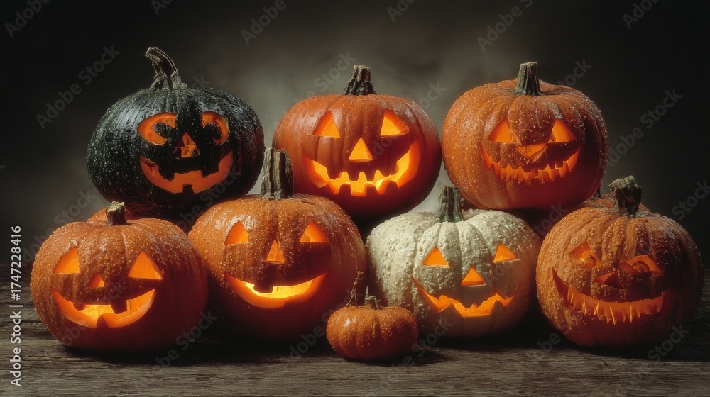 Fototapeta premium Sinister carvings: a group of wickedly lit jack o lanterns. Cinematic poster. Mystical assembly: a group of sinister pumpkins with glowing orbs. Promotional poster. Poster design.