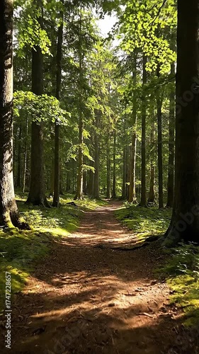 Wilderness trails winding through untouched forest, dappled with filtered sunlight.