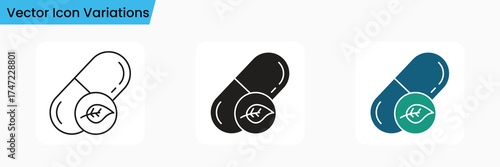 Capsule Leaf Icon Set Outline, Solid, and Color Variants for Organic Medicine and Health UI Design