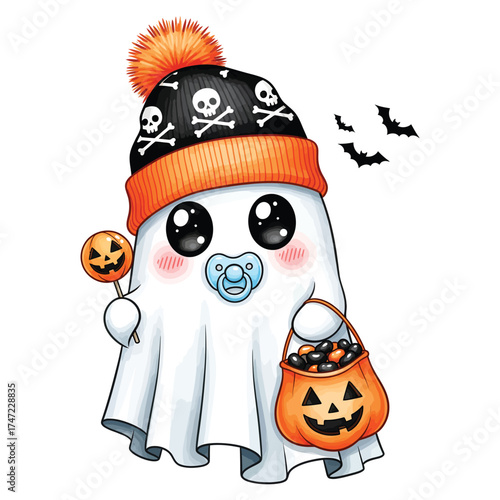 Adorable baby ghost in halloween hat with candy and pacifier