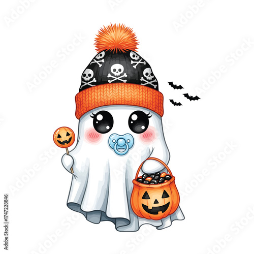 Adorable baby ghost in halloween hat with candy and pacifier