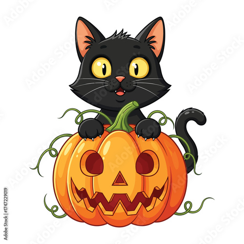 Cute black cat with a spooky jack o lantern pumpkin for halloween