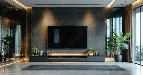 Large frameless black tv off fitness zone with neutral tones and mirrors
