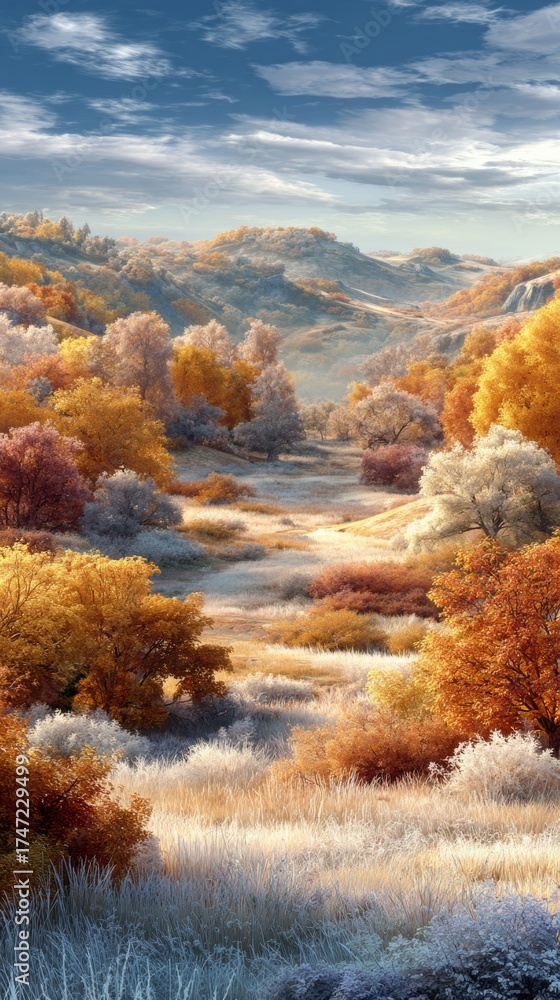 Fototapeta premium Wild autumn embers: the symphony of frost-touched meadows. High-end fashion. Autumn's diverse tones: a meadow frosted under bright october sky. Chic appearance. Opulent look.