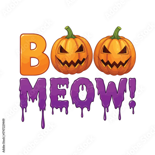 Spooky halloween boo meow with pumpkins and dripping letters