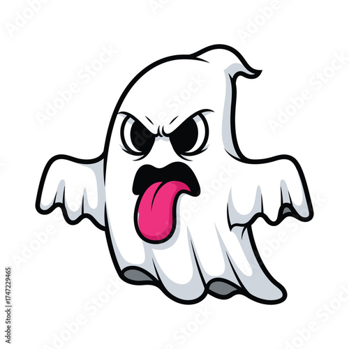 Grumpy cartoon ghost sticking out its tongue for halloween